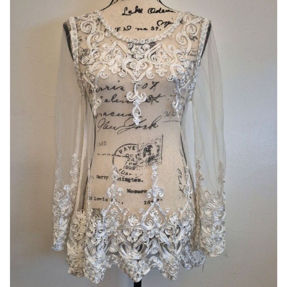 Embroidered Stitched Ribbon Sheer Overlay Top M Bridal Tunic Scalloped Hem Boho